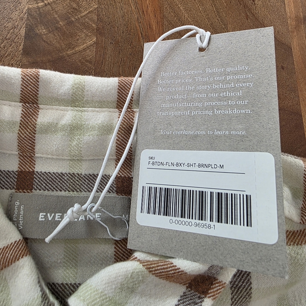 Everlane Boxy Flannel Cream Brown Plaid Button Down Shirt Sz Women's Medium NWT - Picture 11 of 13